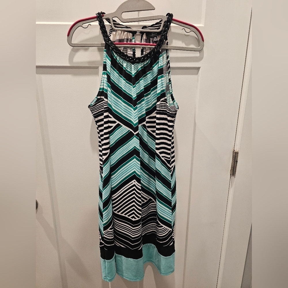 JBS Petite Chevron Stripe Halter Dress PM Chain Neckline Sleeveless Black Teal
